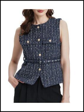 Women Tweed Sleeveless Blazer Vest Button Down Belted Office Suit Jacket